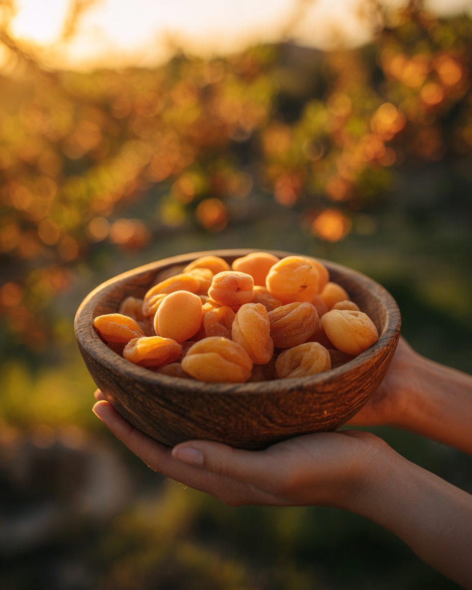 A bowl of soft dried apricots in an orchard